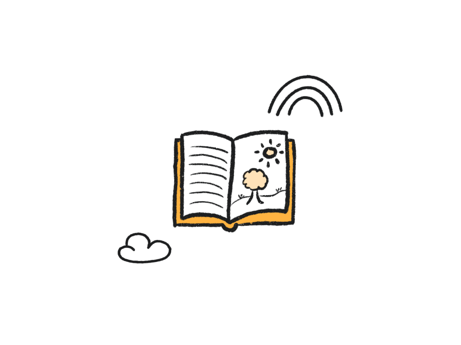 An illustrative icon of a book in the clouds with a rainbow