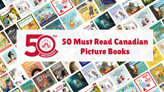 Digital graphic featuring a collage of book covers. Text reads "50 Must Read Canadian Picture Books." Included is the 50th anniversary logo of the CCBC.
