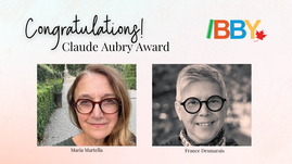 Digital graphic. Text reads "Congratulations! Claude Aubry Award." Graphic features photos of recipients Maria Martella and France Desmarais.