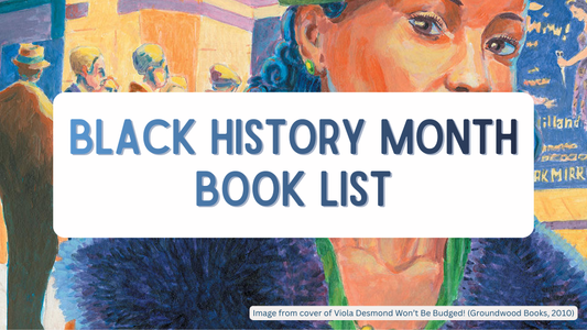 Black history month book list graphic featuring cover illustration of Viola Desmond Won't Be Budged (Groundwood Books, 2010)