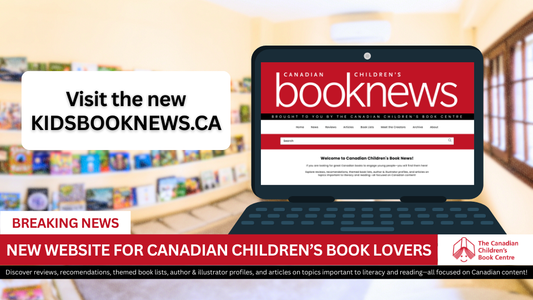Digital graphic announcing the launch of kidsbooknews.ca.