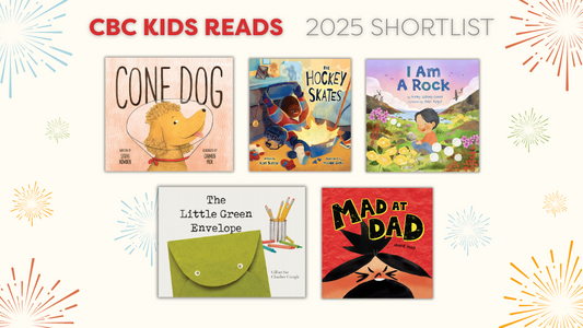 Digital graphic. Text reads "CBC Kids Reads 2025 Shortlist." Featured are the five covers of the shorlisted titles.