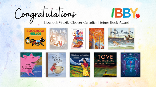 Digital graphic. Text reads "Congratulations Elizabeth Mrazik-Cleaver Canadian Picture Book Award." Features the book covers of the ten finalists.