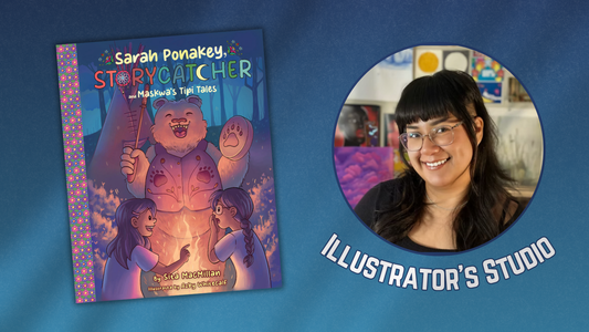 Digital banner featuring cover of Sarah Ponakey and photo of illustrator Azby Whitecalf.