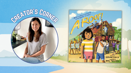 Digital banner features author photo of Stephanie Ellen Sy and cover of picture book A Roof!
