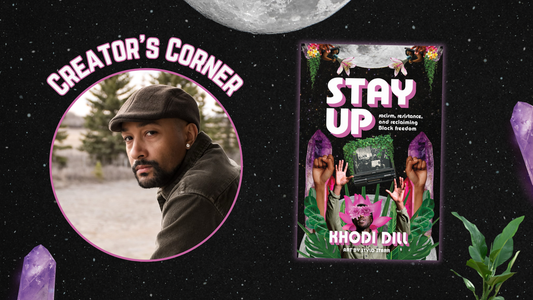 Digital banner featuring photo of Khodi Dill and cover of stay up. 