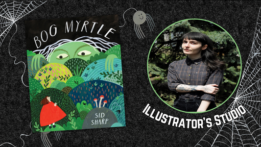 Digital banner features the cover of Bog Myrtle and author photo of Sid Sharp