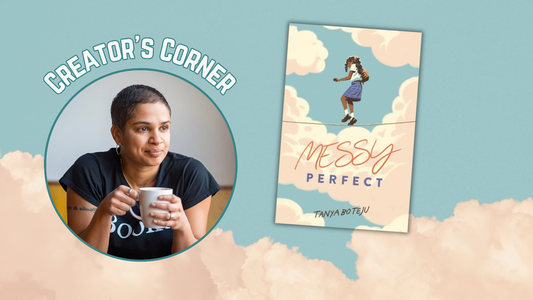 Digital graphic features author photo of Tanya Boteju and cover of YA novel Messy Perfect. 