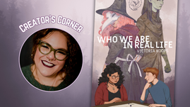 Digital banner features photo of author Victoria Koops and cover of YA novel Who We Are In Real Life.