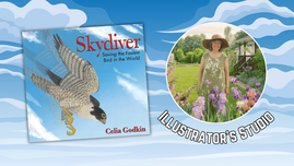 Digital graphic features photo of illustrator Celia Godkin and cover of picture book Skydiver.