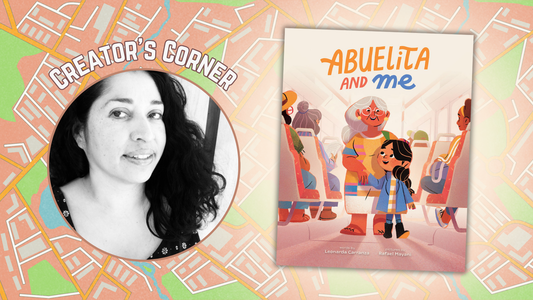 Digital graphic features author photo of Leonarda Carranza and cover of picture book Abuelita and Me