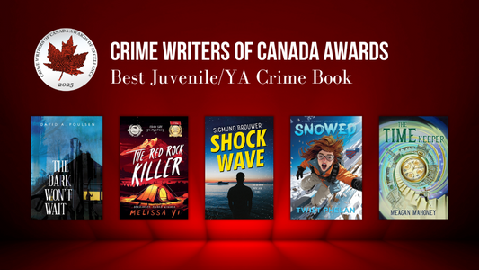 Digital graphic. Text reads "Crime Writers of Canada Award. Best Juvenile/YA Crime Book." Graphic features the awards seal, as well as the cover images of the five finalists.