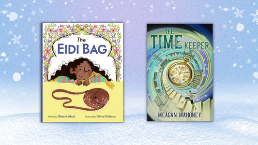 Digital graphic features covers of The Eidi Bag and Time Keeper on a snowy background.