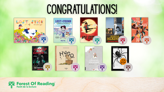 Digital graphic. Text reads "Congratulations! Forest of Reading." Graphic features the cover images of the winners.