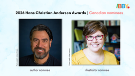 Digital graphic. Text reads "2026 Hans Christian Andersen Awards. Canadian nominees. Includes photo of David A. Robertson, author nominee, and Josée Bisaillon, illustrator nominee.