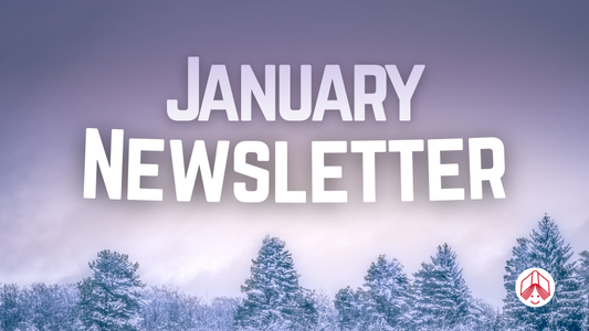 Digital graphic featuring a snowy treeline. Text reads "January Newsletter."
