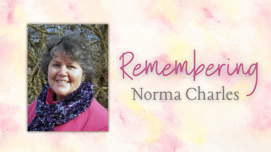 Digital graphic. Text reads "Remembering Norma Charles."  Featured is a photo of author Norma Charles.