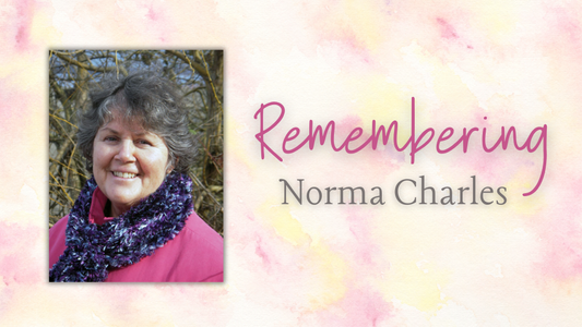Digital graphic. Text reads "Remembering Norma Charles."  Featured is a photo of author Norma Charles.