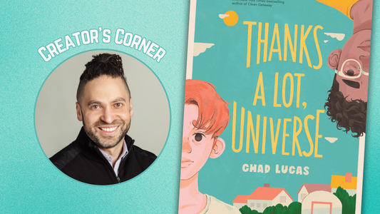 Digital graphic features photo of author Chad Lucas and cover MG novel Thanks A Lot, Universe