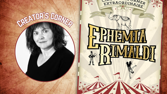 Digital graphic features photo of author Linda DeMeulemeester and cover of her MG novel Ephemia Rimaldi