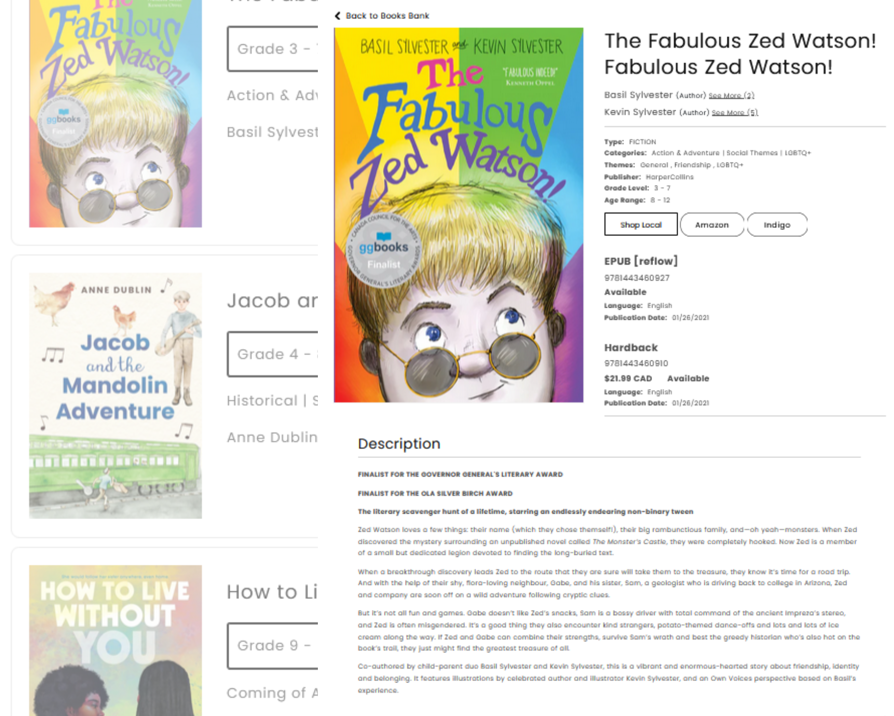 Screenshot of the Accessible Books book bank, featuring the book cover and title information for The Fabulous Zed Watson! by Basil Sylvester and Kevin Sylvester