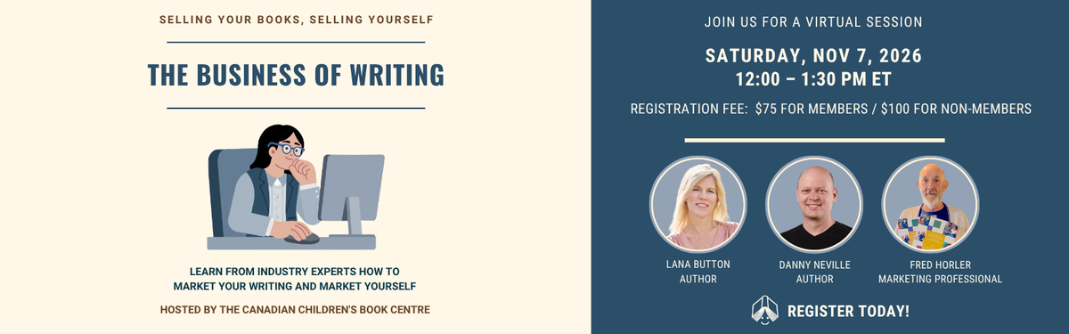 Digital graphic promoting the CCBC's upcoming The Business of Writing webinar.