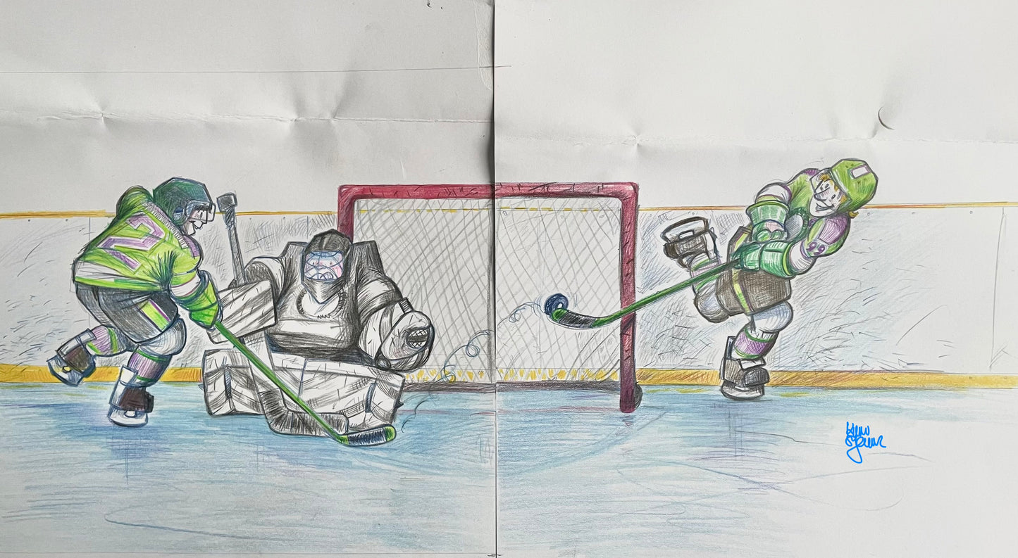 Kevin Sylvester - Study for spread of Taylor and a young Wayne Gretzky scoring a goal from the picture book GREAT