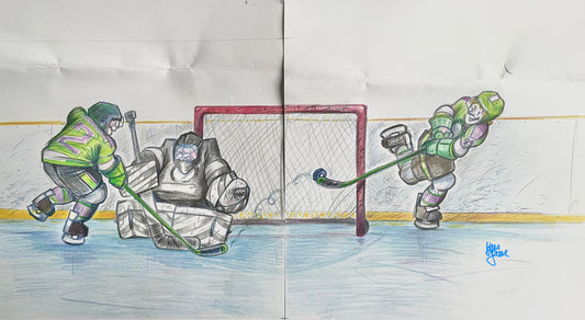 Kevin Sylvester - Study for spread of Taylor and a young Wayne Gretzky scoring a goal from the picture book GREAT