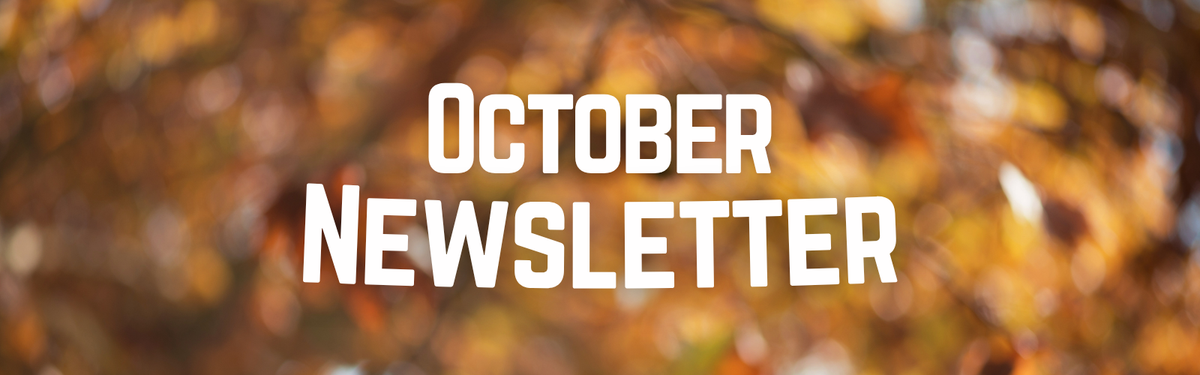 Digital graphic. Blurred background of autumn leaves. Text reads "October Newsletter."