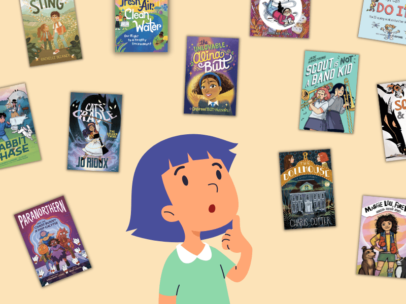 cartoon child surrounded by book covers