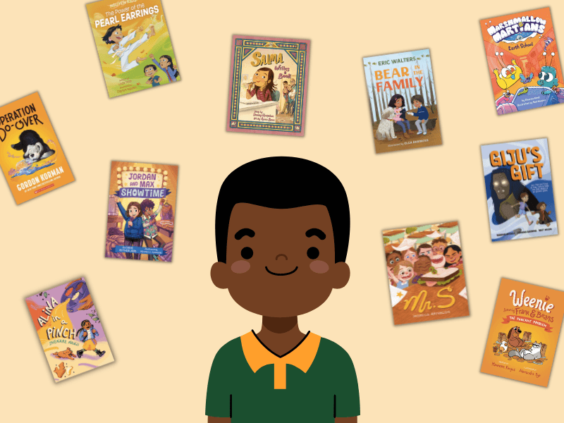 cartoon child surrounded by book covers